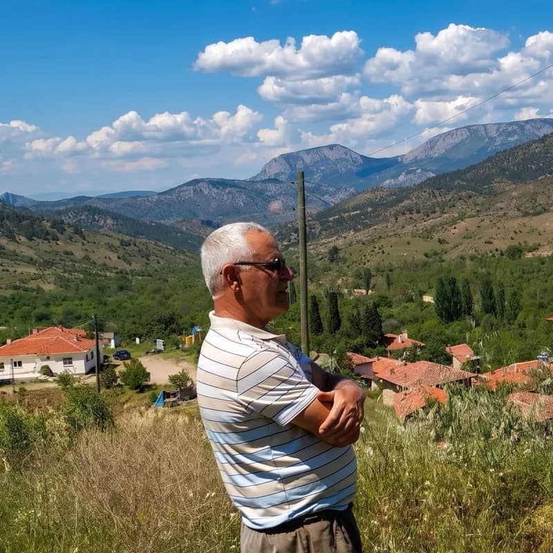 Arıcı, köyün üstündeki çayırda dağlara ve köye bakıyor